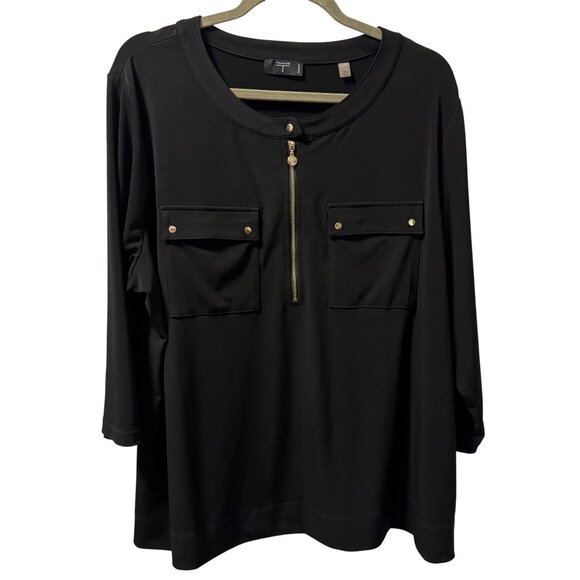 Tahari Woman Black 3/4 Sleeve Zip Front Top Sz 2X blouse - Picture 1 of 12
